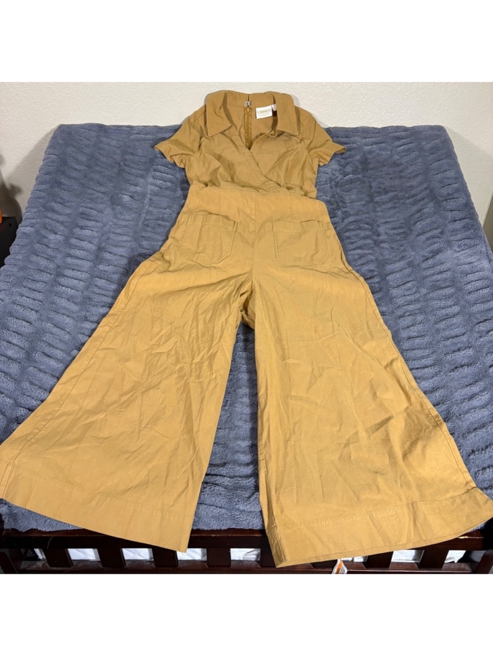 Maeve Mustard Short-Sleeve Wide-Leg Utility Jumpsuit
